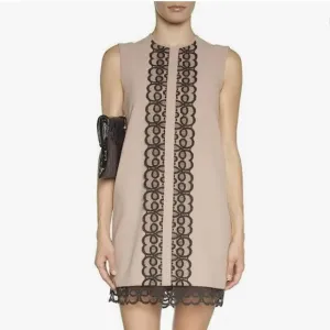 Dina Agam Anthropologie Old Rose Pink Crepe Black Lace Sleeveless Shift Dress S