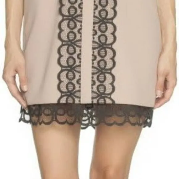 Dina Agam Anthropologie Old Rose Pink Crepe Black Lace Sleeveless Shift Dress S