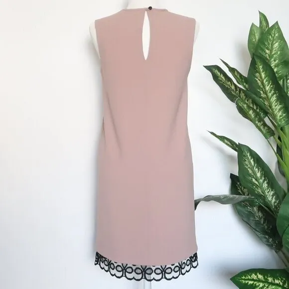 Dina Agam Anthropologie Old Rose Pink Crepe Black Lace Sleeveless Shift Dress S