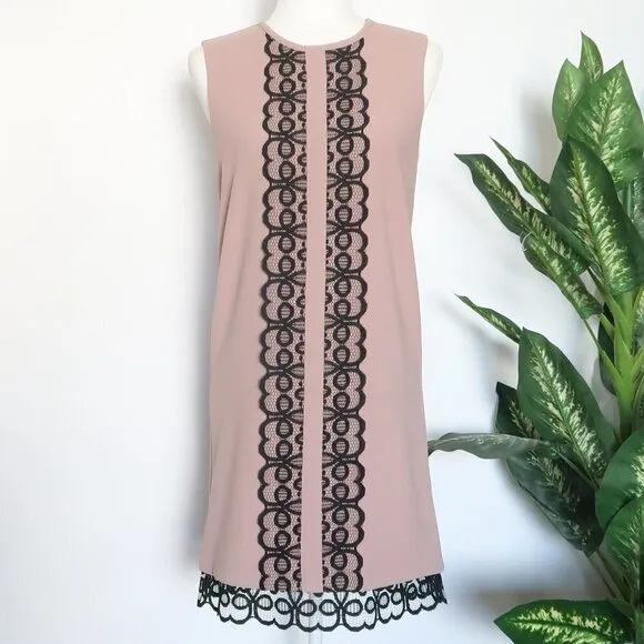 Dina Agam Anthropologie Old Rose Pink Crepe Black Lace Sleeveless Shift Dress S