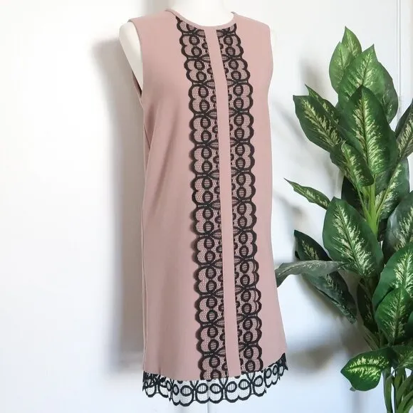 Dina Agam Anthropologie Old Rose Pink Crepe Black Lace Sleeveless Shift Dress S
