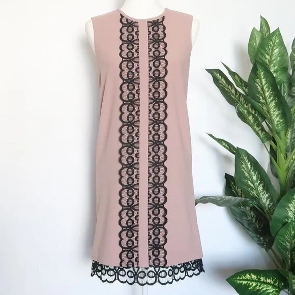 Dina Agam Anthropologie Old Rose Pink Crepe Black Lace Sleeveless Shift Dress S