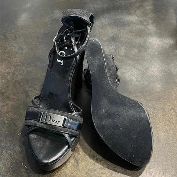 Dior Black Glossy Wedge Sandals with Ankle Strap