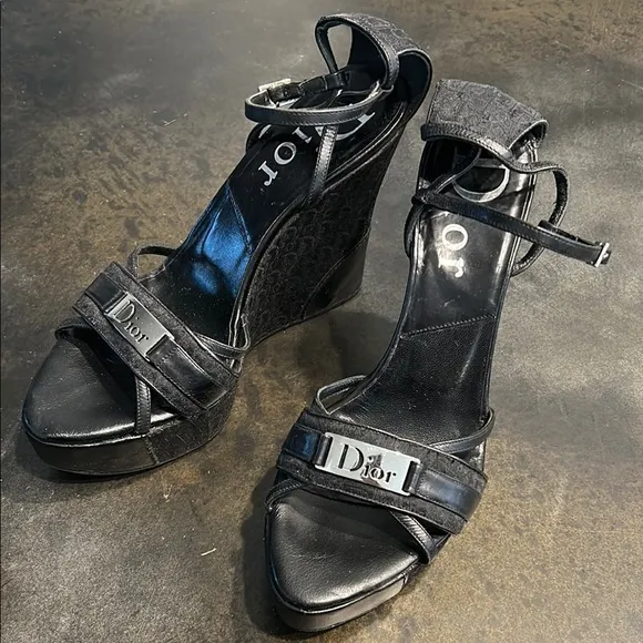Dior Black Glossy Wedge Sandals with Ankle Strap