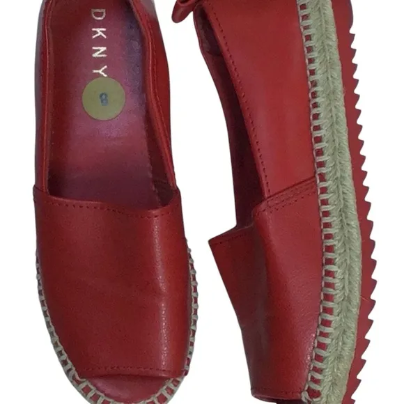 DKNY Logo Red Leather Espadrille Loafer Flat Open Toe Shoes Sz 8