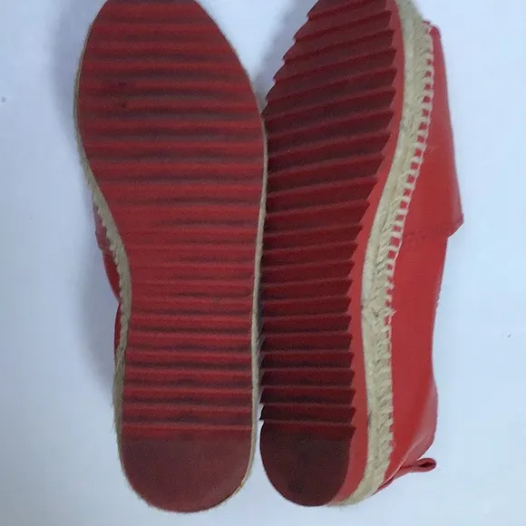 DKNY Logo Red Leather Espadrille Loafer Flat Open Toe Shoes Sz 8