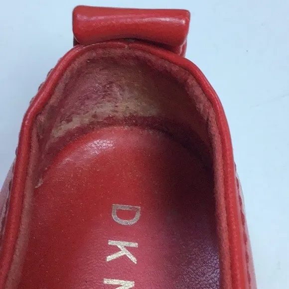 DKNY Logo Red Leather Espadrille Loafer Flat Open Toe Shoes Sz 8