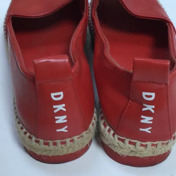 DKNY Logo Red Leather Espadrille Loafer Flat Open Toe Shoes Sz 8