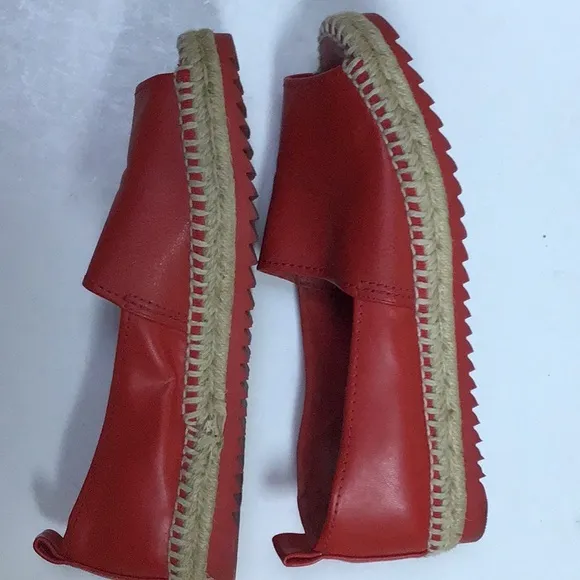 DKNY Logo Red Leather Espadrille Loafer Flat Open Toe Shoes Sz 8