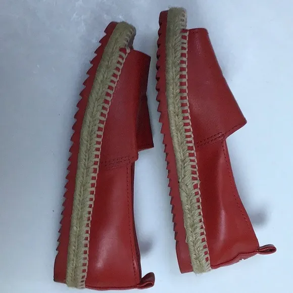 DKNY Logo Red Leather Espadrille Loafer Flat Open Toe Shoes Sz 8