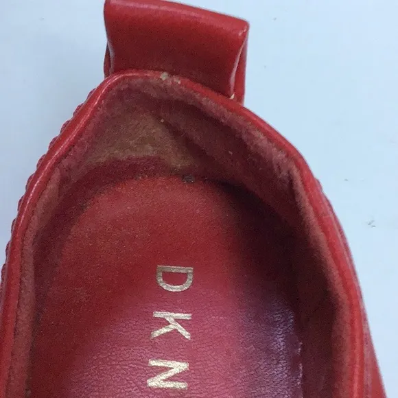 DKNY Logo Red Leather Espadrille Loafer Flat Open Toe Shoes Sz 8