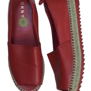 DKNY Logo Red Leather Espadrille Loafer Flat Open Toe Shoes Sz 8