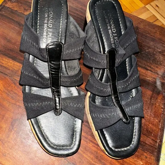 Donald J Pliner Black Strappy Cork Wedge Sandals Open Toe