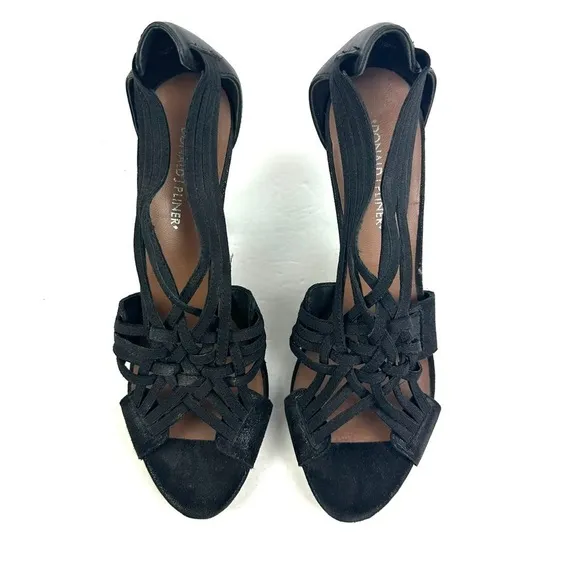 Donald J Pliner Heels 10 Black Leather Strappy Stretch Slip On Open Toe Shoes