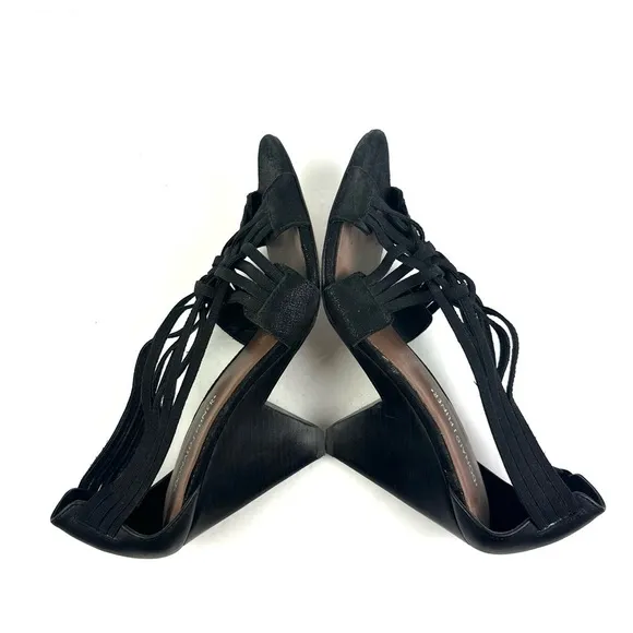 Donald J Pliner Heels 10 Black Leather Strappy Stretch Slip On Open Toe Shoes