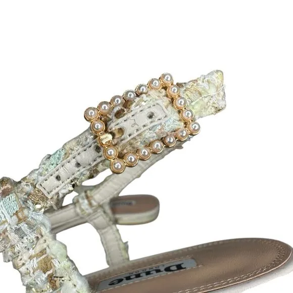 Dune London Nature Natural FLoral Embellished T-Bar Sandals 9