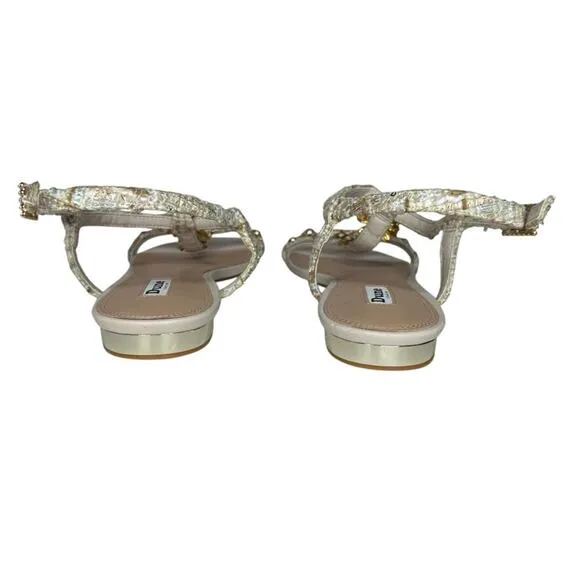 Dune London Nature Natural FLoral Embellished T-Bar Sandals 9