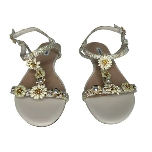 Dune London Nature Natural FLoral Embellished T-Bar Sandals 9