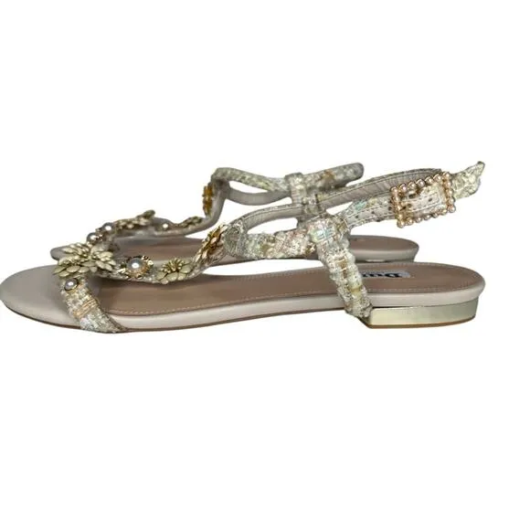 Dune London Nature Natural FLoral Embellished T-Bar Sandals 9