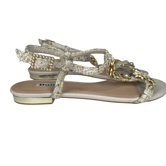 Dune London Nature Natural FLoral Embellished T-Bar Sandals 9