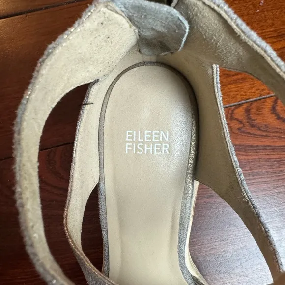 Eileen Fisher‎ Lou Sandal Platinum Metallic Suede Open Toe Block Heel Size 9