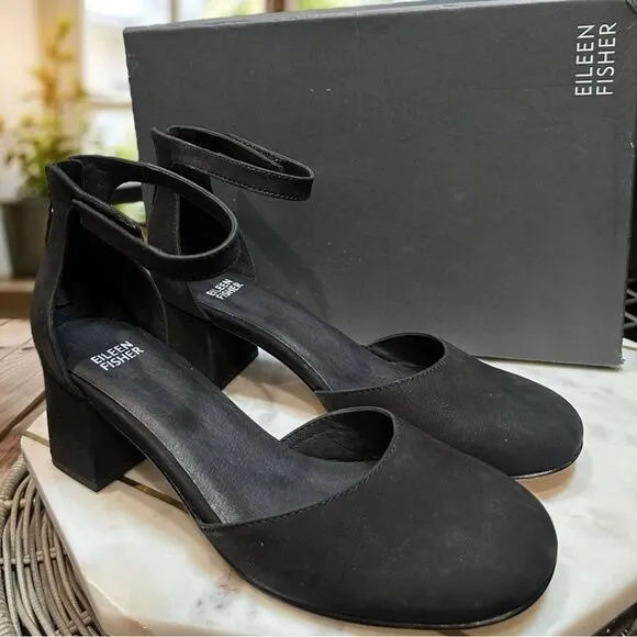 EILEEN FISHER Indi Tumbled Nubuck Pump Closed Toe Ankle Strap Size 8.5