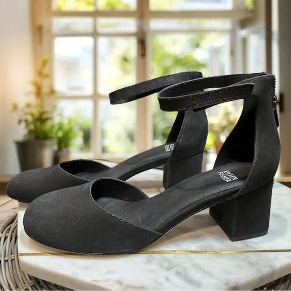 EILEEN FISHER Indi Tumbled Nubuck Pump Closed Toe Ankle Strap Size 8.5