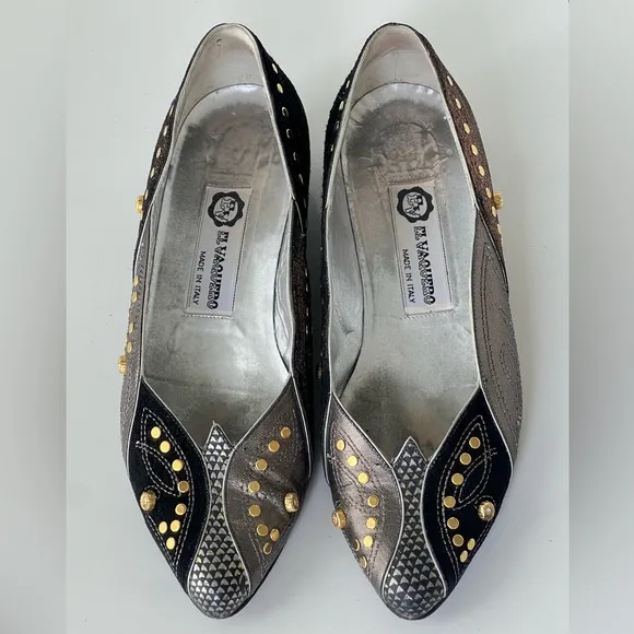 El Vaquero Vintage Italian Black Silver Stud Flats Shoes Size EU 37 / US 6 - 6.5