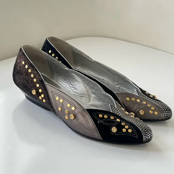 El Vaquero Vintage Italian Black Silver Stud Flats Shoes Size EU 37 / US 6 - 6.5