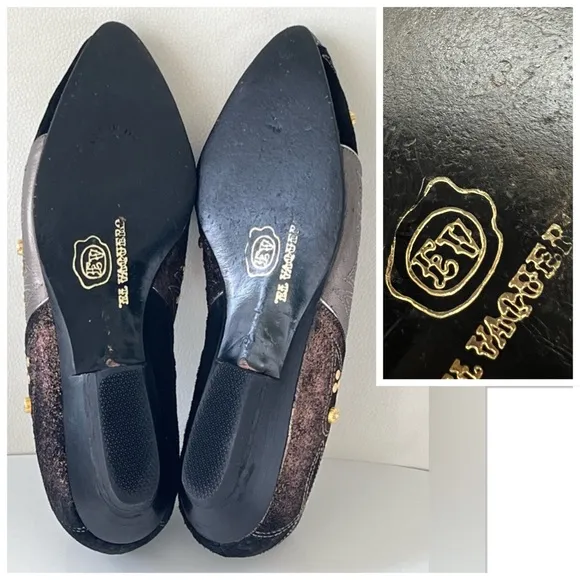 El Vaquero Vintage Italian Black Silver Stud Flats Shoes Size EU 37 / US 6 - 6.5