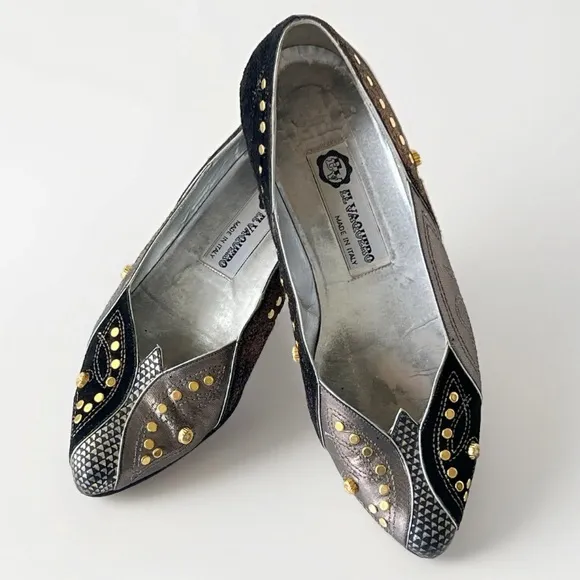 El Vaquero Vintage Italian Black Silver Stud Flats Shoes Size EU 37 / US 6 - 6.5