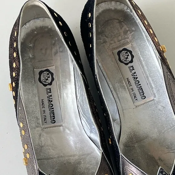 El Vaquero Vintage Italian Black Silver Stud Flats Shoes Size EU 37 / US 6 - 6.5