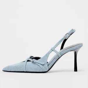 Elegant Denim Slingback Pointed Toe Heel Pumps