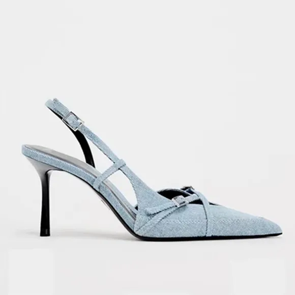 Elegant Denim Slingback Pointed Toe Heel Pumps