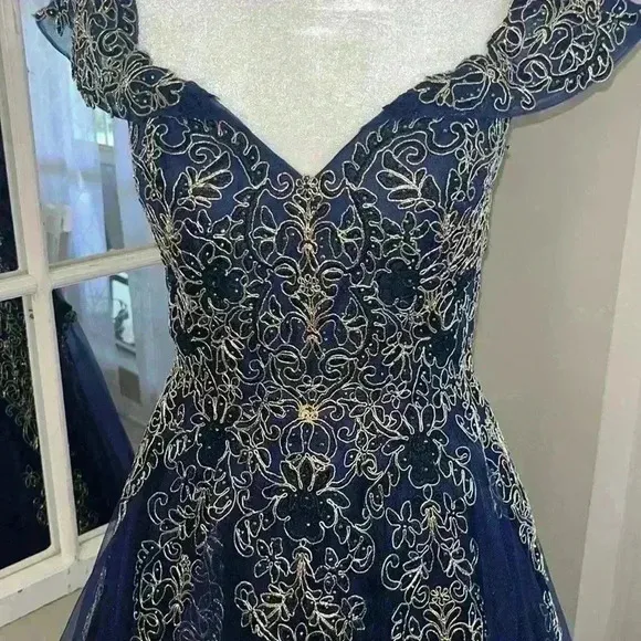 Elegant Navy Blue Gown with Gold Embroidery