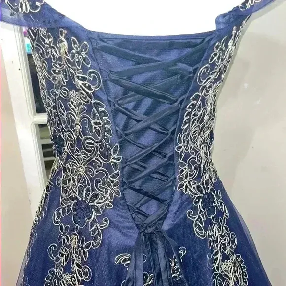 Elegant Navy Blue Gown with Gold Embroidery