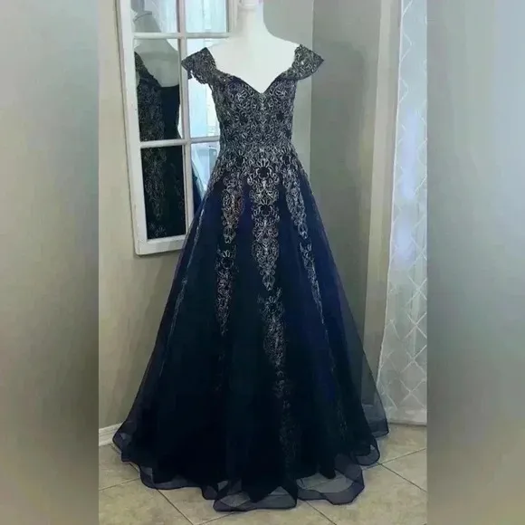 Elegant Navy Blue Gown with Gold Embroidery