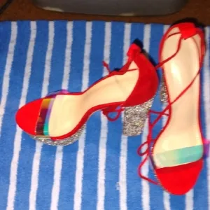 Elegant Red Strappy Heels with Glitter Block Heel