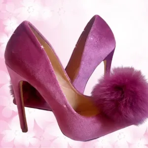 Elegant Velvet Pink Pom Pom slip on party high heels size 7