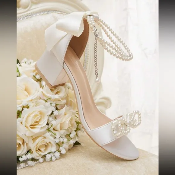 Elegant White Satin Heels with Pearl Accents