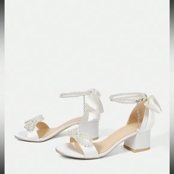 Elegant White Satin Heels with Pearl Accents