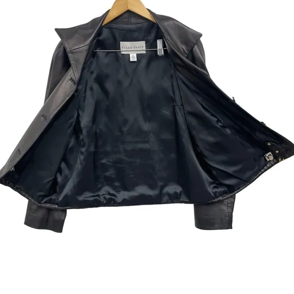 Ellen Tracy Black 3-Button Notched Lapel Leather Jacket Womens XL Adj to bomber