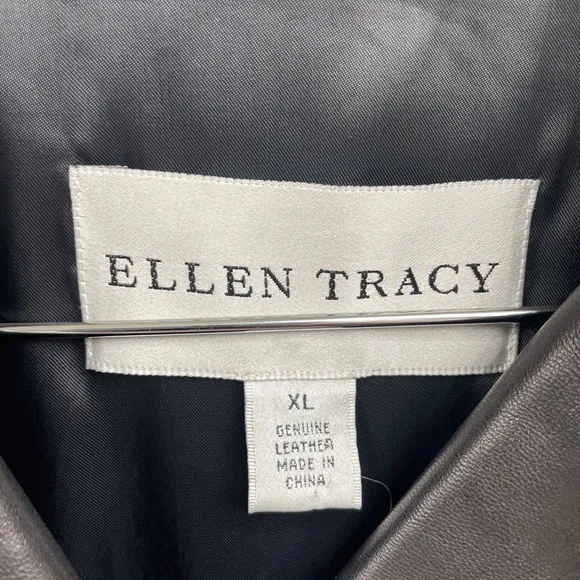 Ellen Tracy Black 3-Button Notched Lapel Leather Jacket Womens XL Adj to bomber