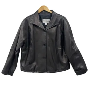 Ellen Tracy Black 3-Button Notched Lapel Leather Jacket Womens XL Adj to bomber