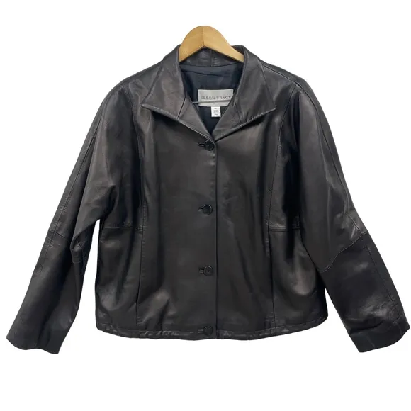 Ellen Tracy Black 3-Button Notched Lapel Leather Jacket Womens XL Adj to bomber