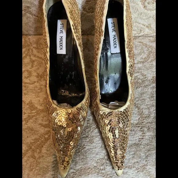 😎🤎ESTATE SALE Shoes Heels Steve Madden Gold Satin Sequins Black Heel Sz 7B