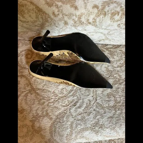 😎🤎ESTATE SALE Shoes Heels Steve Madden Gold Satin Sequins Black Heel Sz 7B