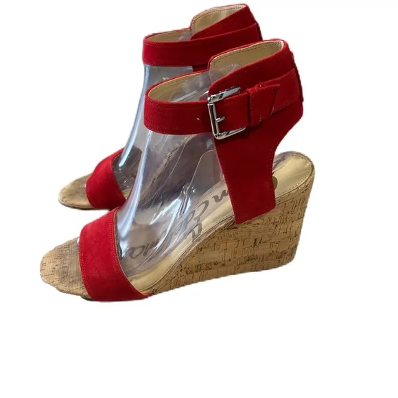 EUC Sam Edelman WILLOW Cork Wedge Sandals Suede Red Prom Formal Wedding US 9 M