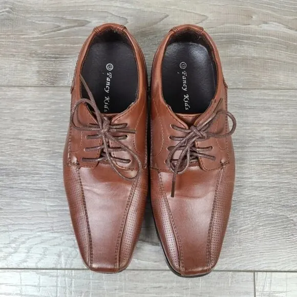 Fancy Kids Boys European Collection Brown Vegan Leather Dress Shoes Size 13 Y