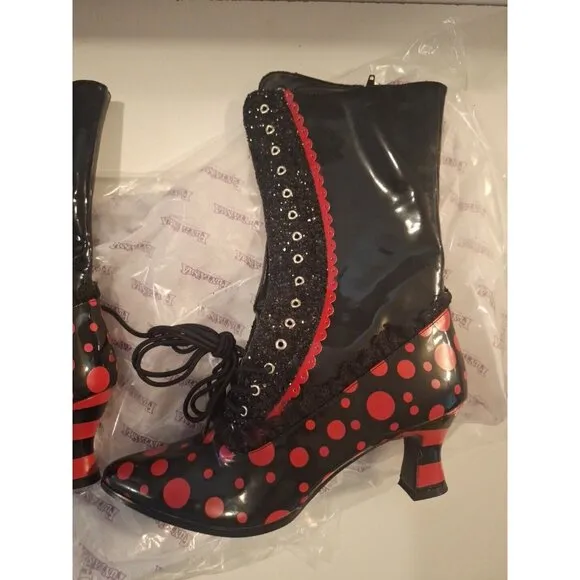 Fantasma 2&quot;   Heel Boots Black Red Dots With Lace Adult Women Shoes Size 11